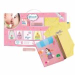 JOHNSON’S® Baby Care Collection with Organic Cotton Baby Romper and Baby Milestone Book (10 Gift Items, Pink)