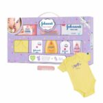 JOHNSON’S® Baby Care Collection with Organic Cotton Baby Romper (8 Gift Items, Purple)